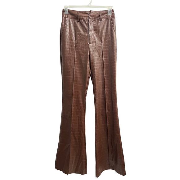 PRETTYLITTLETHING Tall Chocolate Faux Leather Croc Embossed Flare Pant Sz 6 - Picture 3 of 6